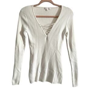 MINNIE ROSE Creamy White Lace-Up V-Neck Cotton-Silk Ribbed Top Shirt - Sz M